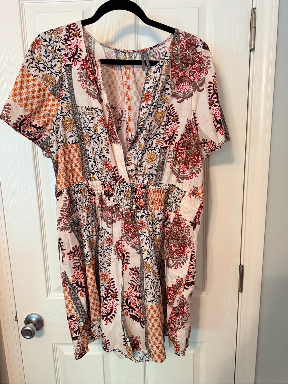 Anthropologie Cream Patchwork Floral V-Neck Tunic with Orange and Pink Accents
